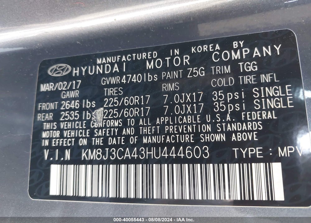 2017 HYUNDAI TUCSON SE VIN: KM8J3CA43HU444603