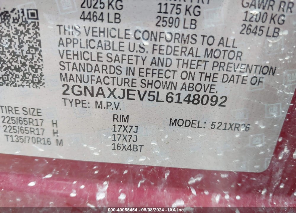 2020 CHEVROLET EQUINOX FWD 2FL VIN: 2GNAXJEV5L6148092
