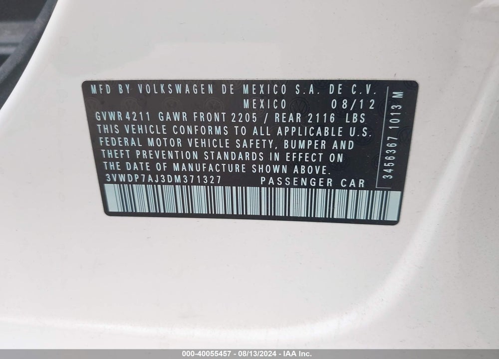 2013 VOLKSWAGEN JETTA SE VIN: 3VWDP7AJ3DM371327