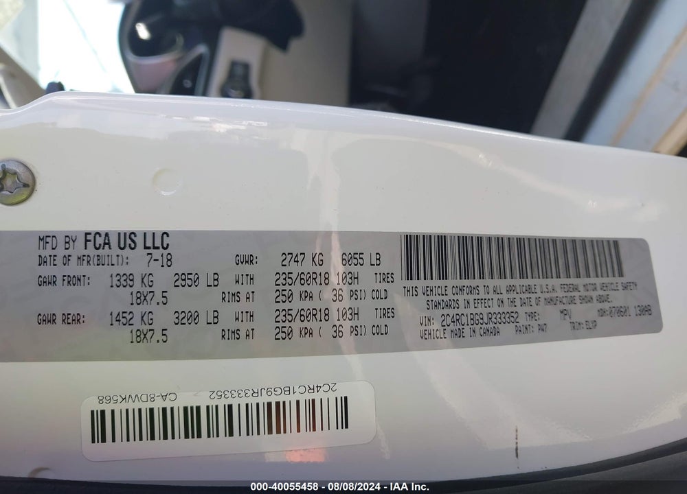 2018 CHRYSLER PACIFICA TOURING L VIN: 2C4RC1BG9JR333352