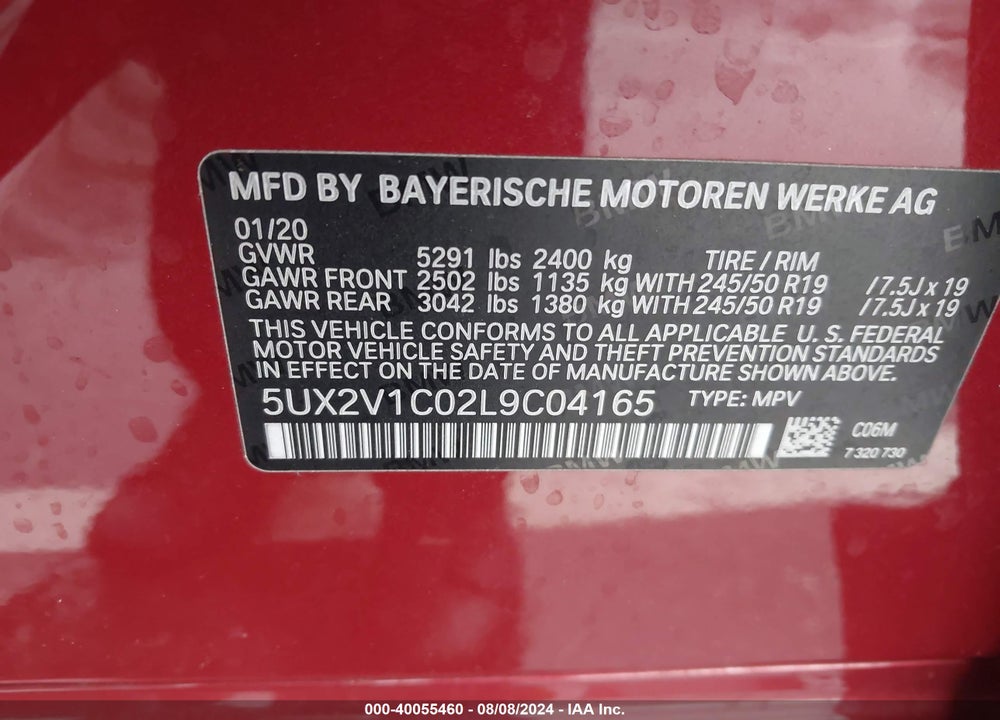 2020 BMW X4 XDRIVE30I VIN: 5UX2V1C02L9C04165