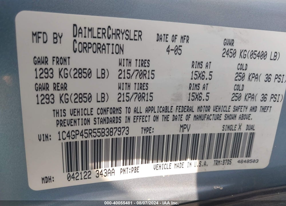 2005 CHRYSLER TOWN & COUNTRY VIN: 1C4GP45R55B387973