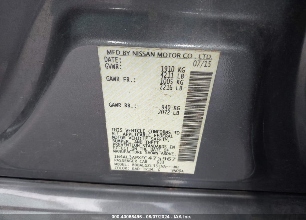 2015 NISSAN ALTIMA 2.5 S VIN: 1N4AL3APXFC475967