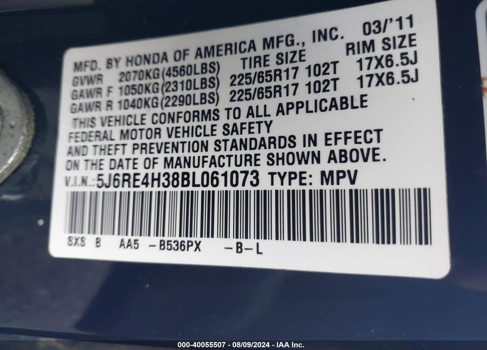 2011 HONDA CR-V LX VIN: 5J6RE4H38BL061073