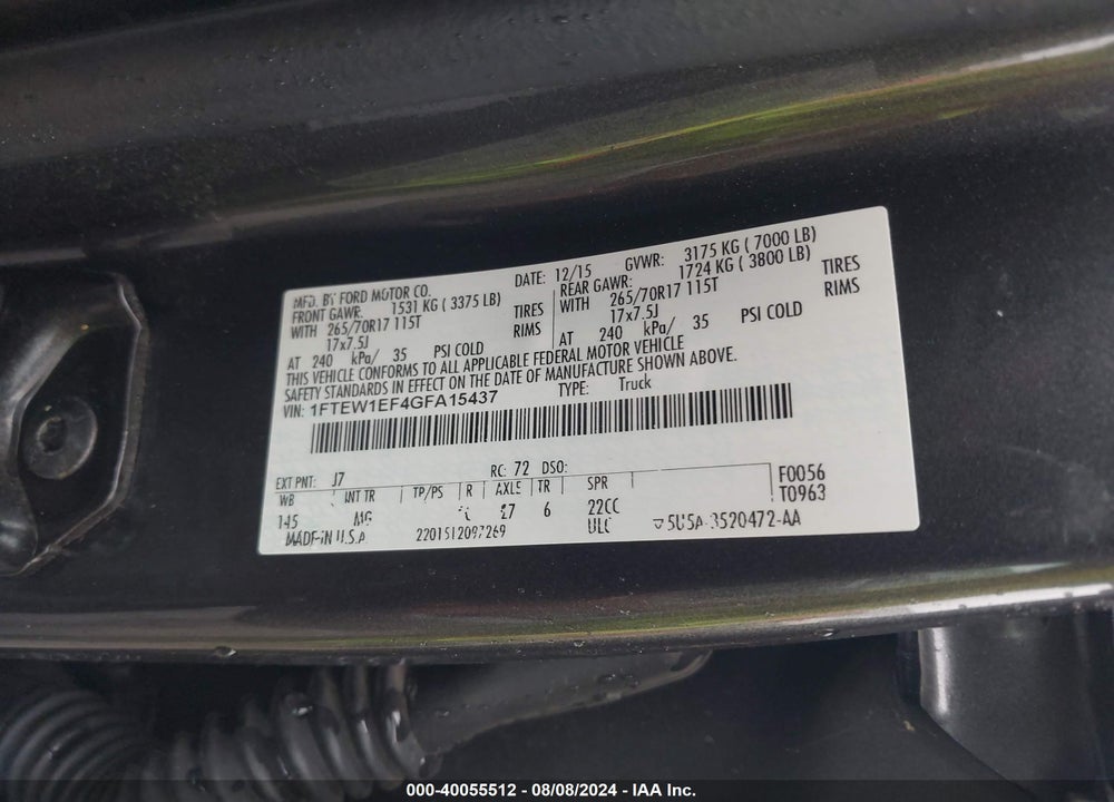 2016 FORD F150 SUPERCREW VIN: 1FTEW1EF4GFA15437