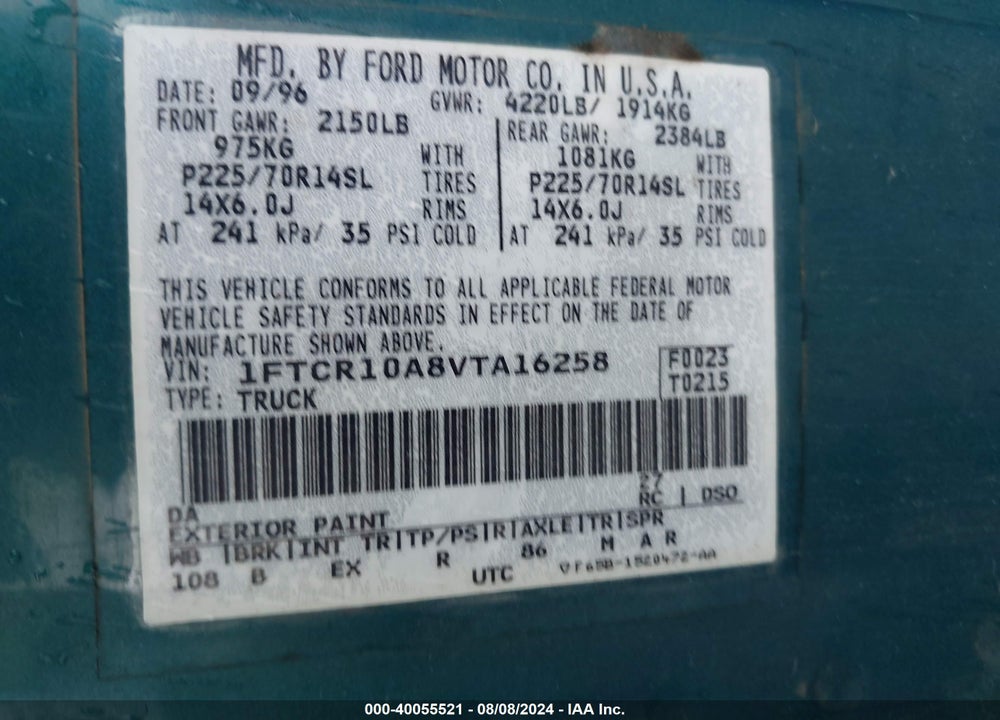 1997 FORD RANGER SPLASH/XL/XLT VIN: 1FTCR10A8VTA16258