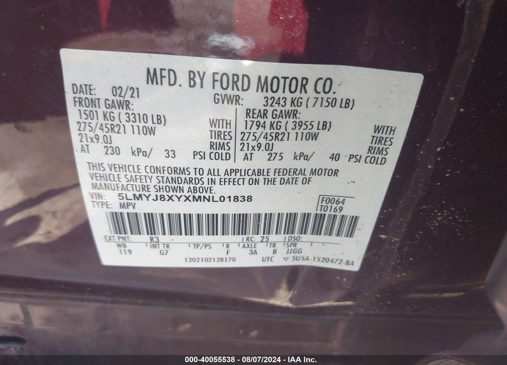 2021 LINCOLN AVIATOR GRAND TOURING VIN: 5LMYJ8XYXMNL01838