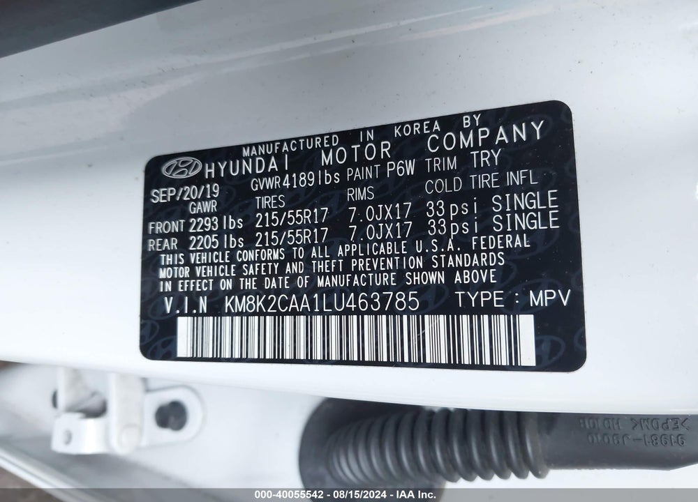 2020 HYUNDAI KONA VIN: KM8K2CAA1LU463785