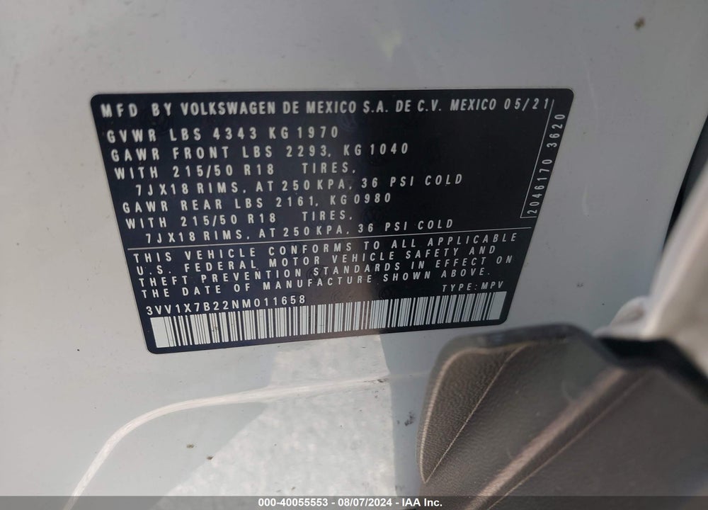 2022 VOLKSWAGEN TAOS 1.5T SEL VIN: 3VV1X7B22NM011658
