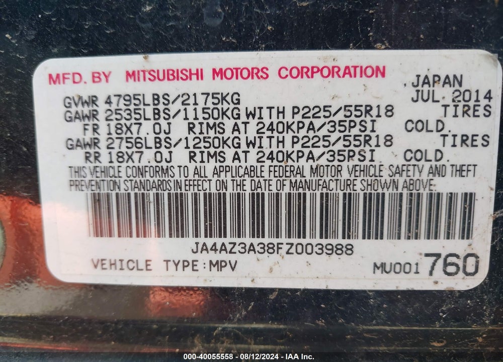 2015 MITSUBISHI OUTLANDER SE VIN: JA4AZ3A38FZ003988