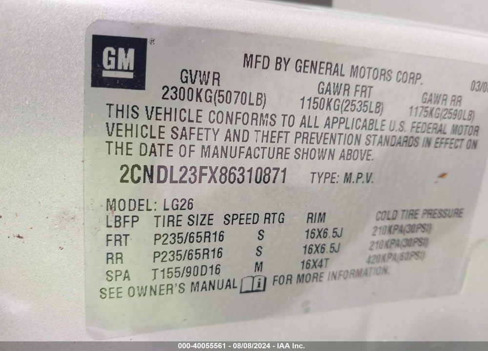 2008 CHEVROLET EQUINOX LS VIN: 2CNDL23FX86310871