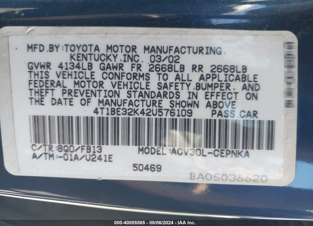 2002 TOYOTA CAMRY LE/XLE/SE VIN: 4T1BE32K42U576109