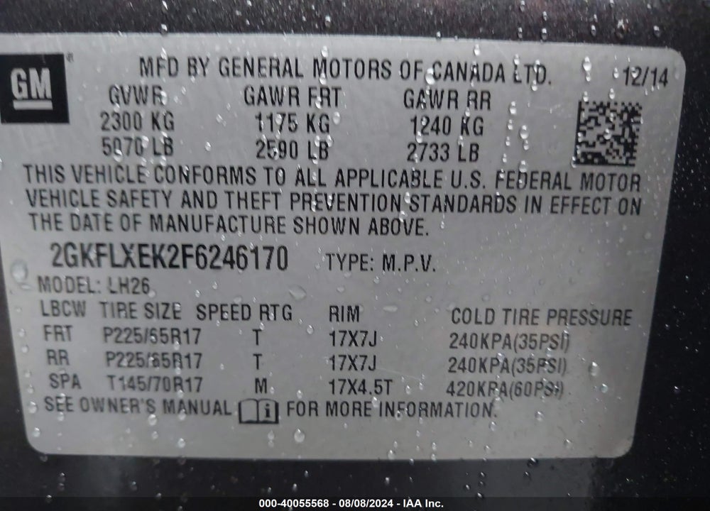 2015 GMC TERRAIN SLT VIN: 2GKFLXEK2F6246170