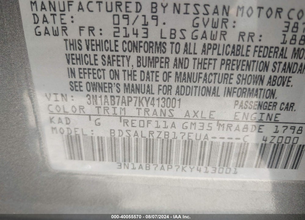 2019 NISSAN SENTRA SR VIN: 3N1AB7AP7KY413001