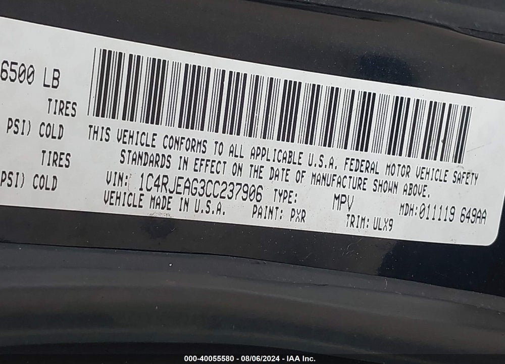 2012 JEEP GRAND CHEROKEE LAREDO VIN: 1C4RJEAG3CC237906