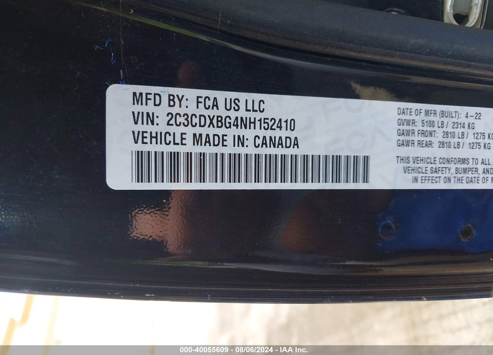 2022 DODGE CHARGER SXT RWD VIN: 2C3CDXBG4NH152410