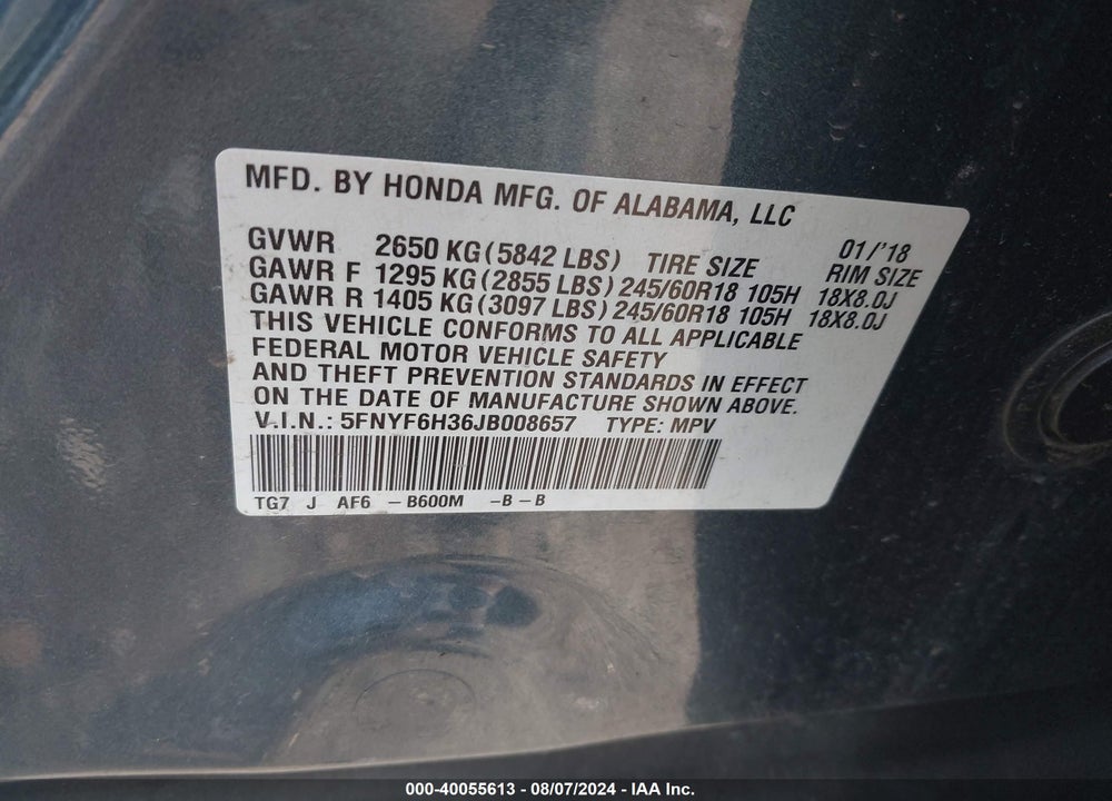 2018 HONDA PILOT EX VIN: 5FNYF6H36JB008657
