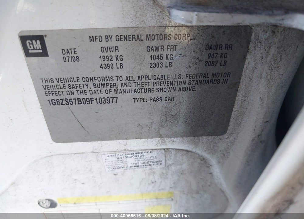 2009 SATURN AURA XE VIN: 1G8ZS57B09F103977