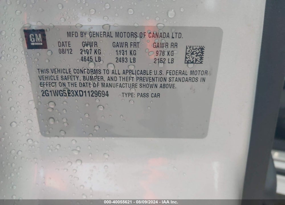 2013 CHEVROLET IMPALA LT VIN: 2G1WG5E3XD1129694