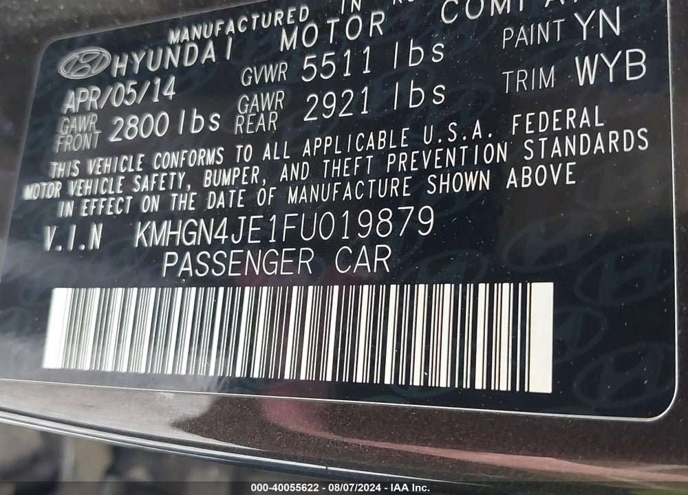 2015 HYUNDAI GENESIS 3.8L VIN: KMHGN4JE1FU019879