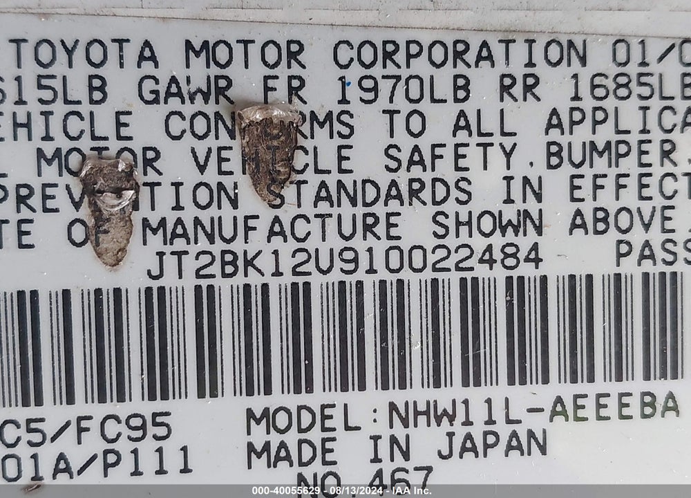 2001 TOYOTA PRIUS VIN: JT2BK12U910022484