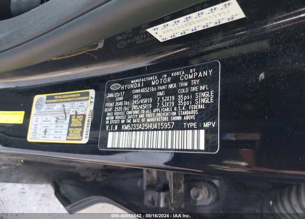 2017 HYUNDAI TUCSON LIMITED/SPORT AND ECO/SE VIN: KM8J33A25HU415957