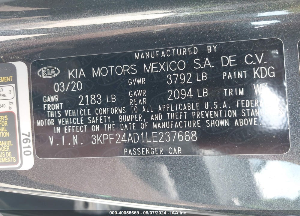 2020 KIA FORTE LXS VIN: 3KPF24AD1LE237668