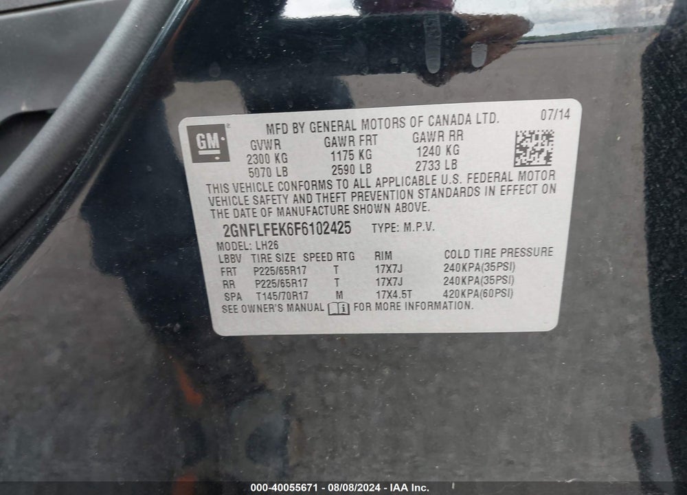 2015 CHEVROLET EQUINOX LT VIN: 2GNFLFEK6F6102425
