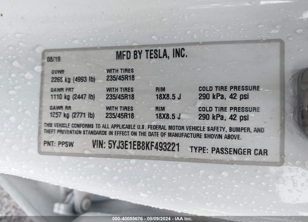 2019 TESLA MODEL 3 VIN: 5YJ3E1EB8KF493221