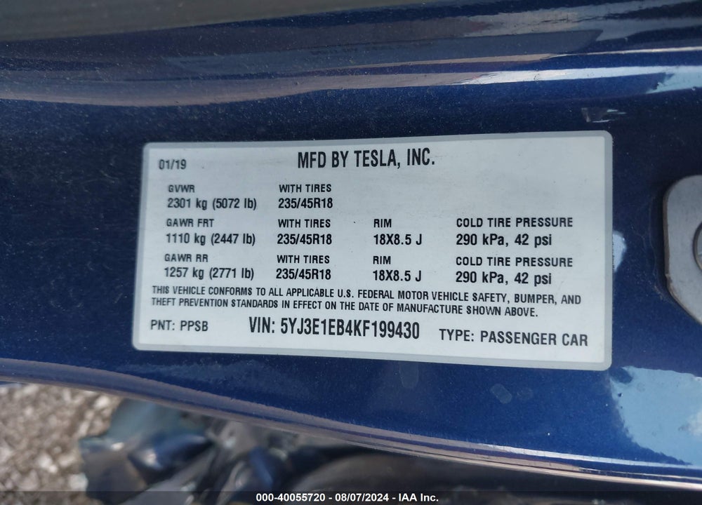 2019 TESLA MODEL 3 LONG RANGE/PERFORMANCE VIN: 5YJ3E1EB4KF199430