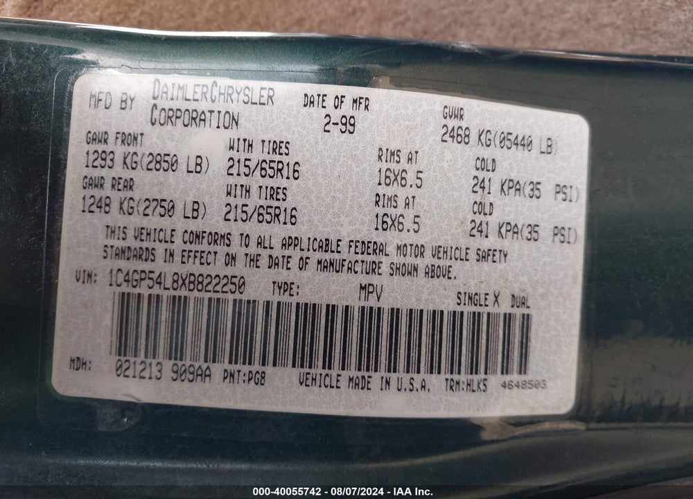 1999 CHRYSLER TOWN & COUNTRY LX VIN: 1C4GP54L8XB822250