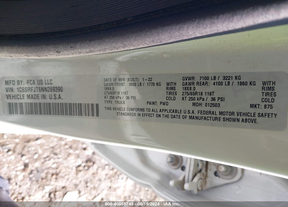 2022 RAM 1500 LAIE  4X4 5'7 BOX VIN: 1C6SRFJT6NN269390