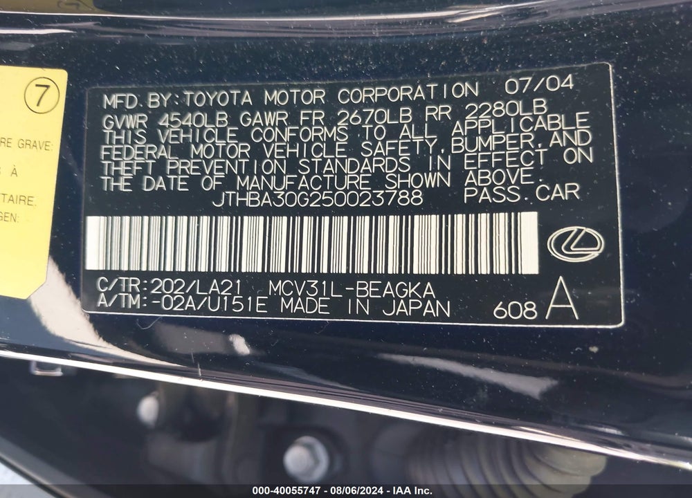 2005 LEXUS ES 330 VIN: JTHBA30G250023788
