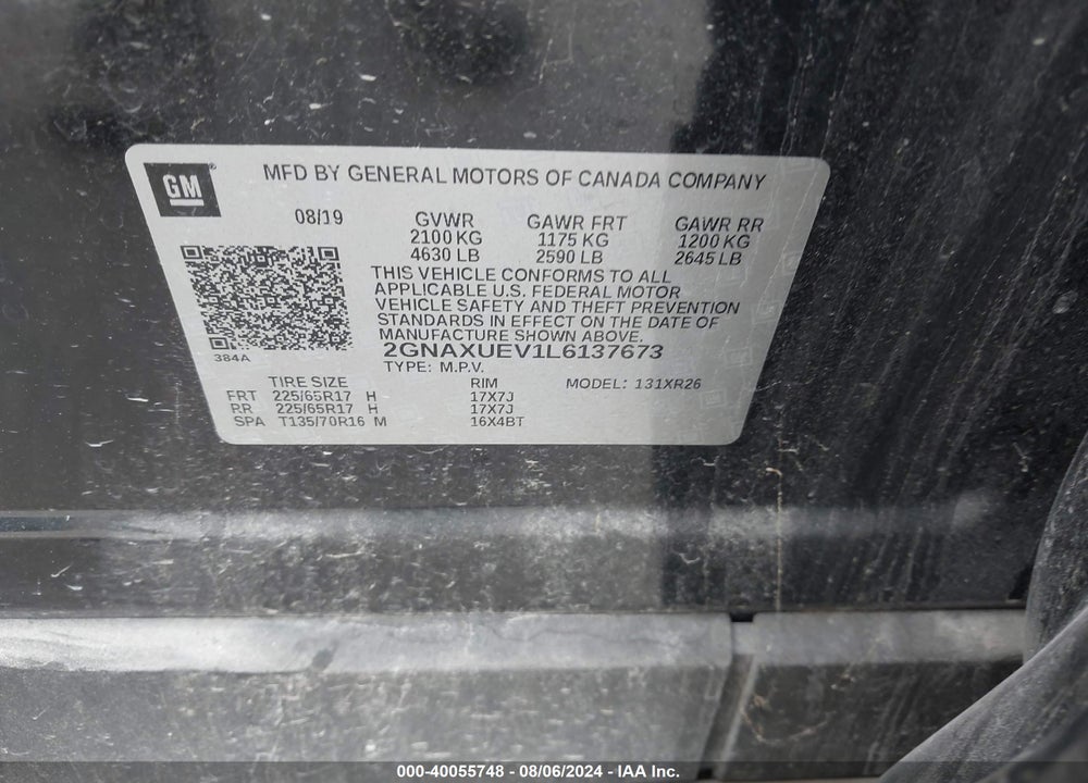 2020 CHEVROLET EQUINOX LT VIN: 2GNAXUEV1L6137673