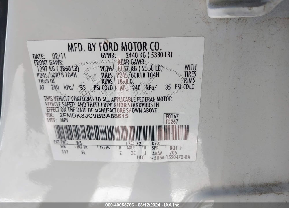 2011 FORD EDGE SEL VIN: 2FMDK3JC9BBA88615