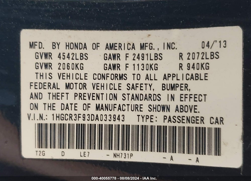 2013 HONDA ACCORD TOURING VIN: 1HGCR3F93DA033943