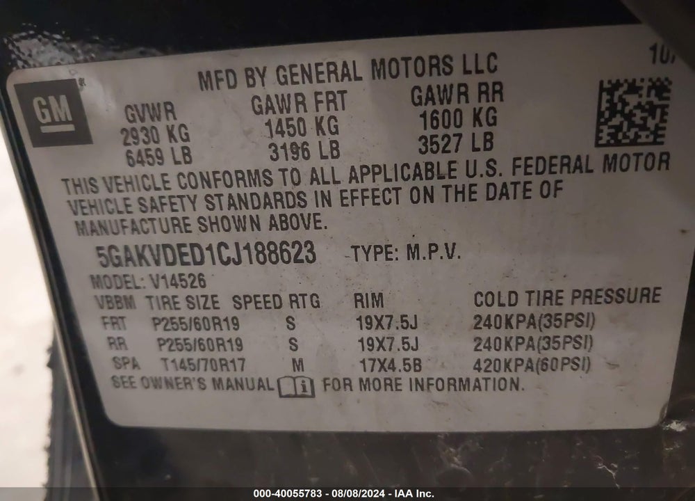 2012 BUICK ENCLAVE PREMIUM VIN: 5GAKVDED1CJ188623