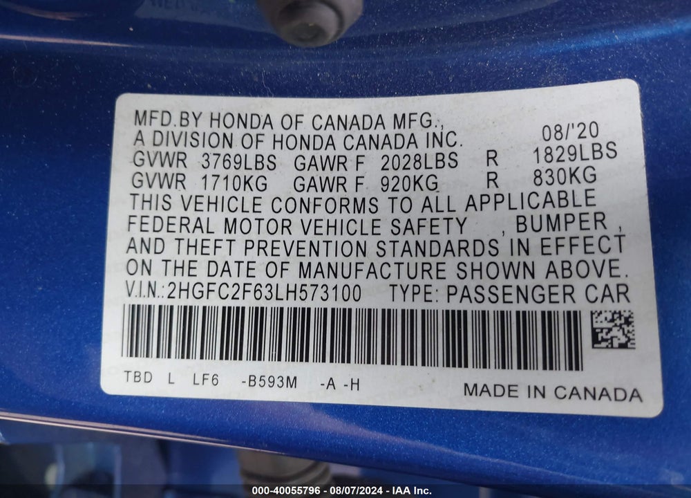 2020 HONDA CIVIC LX VIN: 2HGFC2F63LH573100