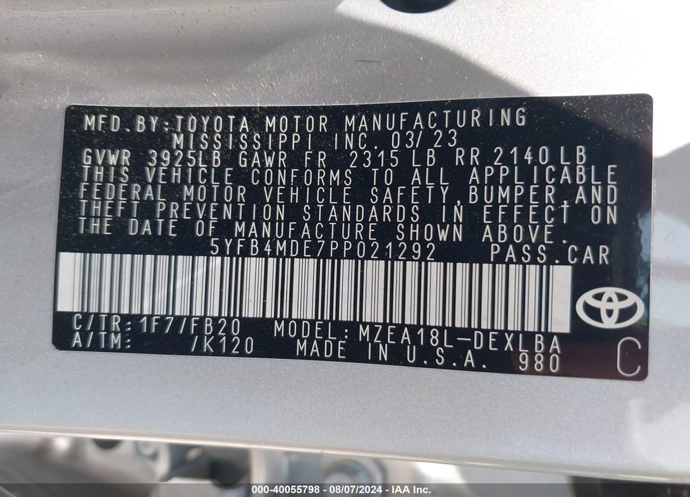 2023 TOYOTA COROLLA LE VIN: 5YFB4MDE7PP021292