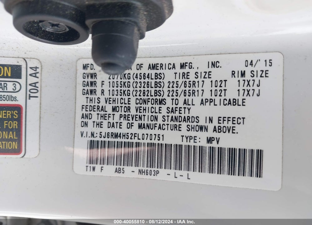 2015 HONDA CR-V EX VIN: 5J6RM4H52FL070751