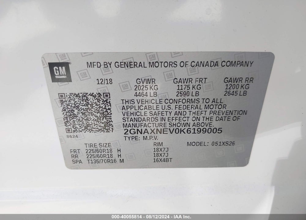 2019 CHEVROLET EQUINOX VIN: 2GNAXNEV0K6199005