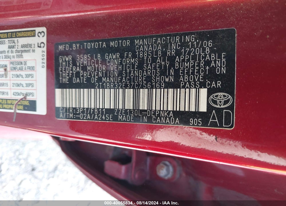 2007 TOYOTA COROLLA CE/LE/S VIN: 2T1BR32E37C756169