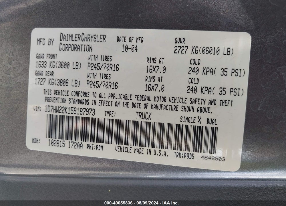 2005 DODGE DAKOTA VIN: 1D7HW22K15S187973