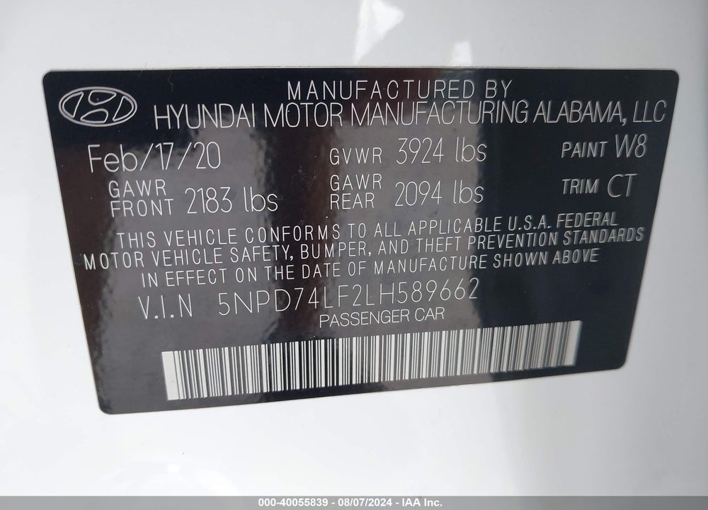 2020 HYUNDAI ELANTRA SE VIN: 5NPD74LF2LH589662