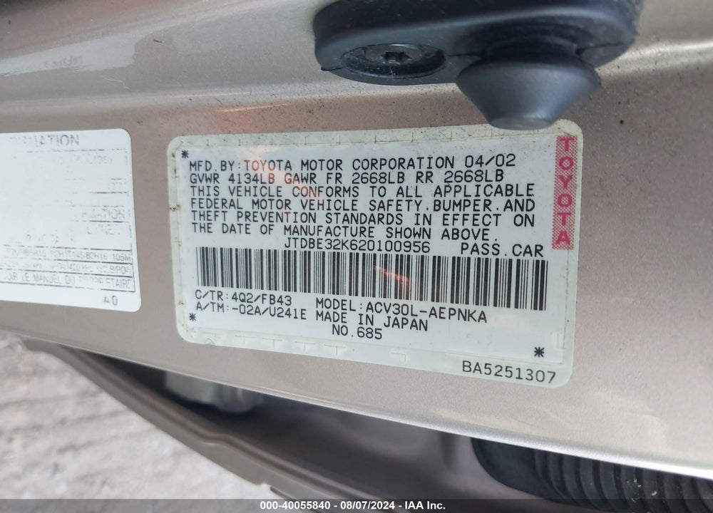 2002 TOYOTA CAMRY LE VIN: JTDBE32K620100956