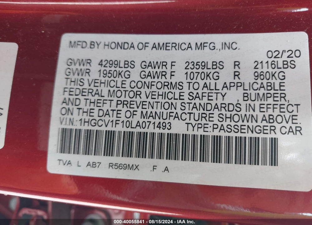 2020 HONDA ACCORD LX VIN: 1HGCV1F10LA071493