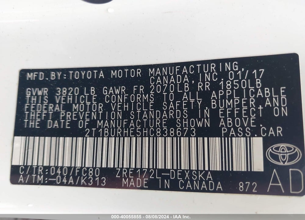 2017 TOYOTA COROLLA L/LE/XLE/SE/XSE VIN: 2T1BURHE5HC838673