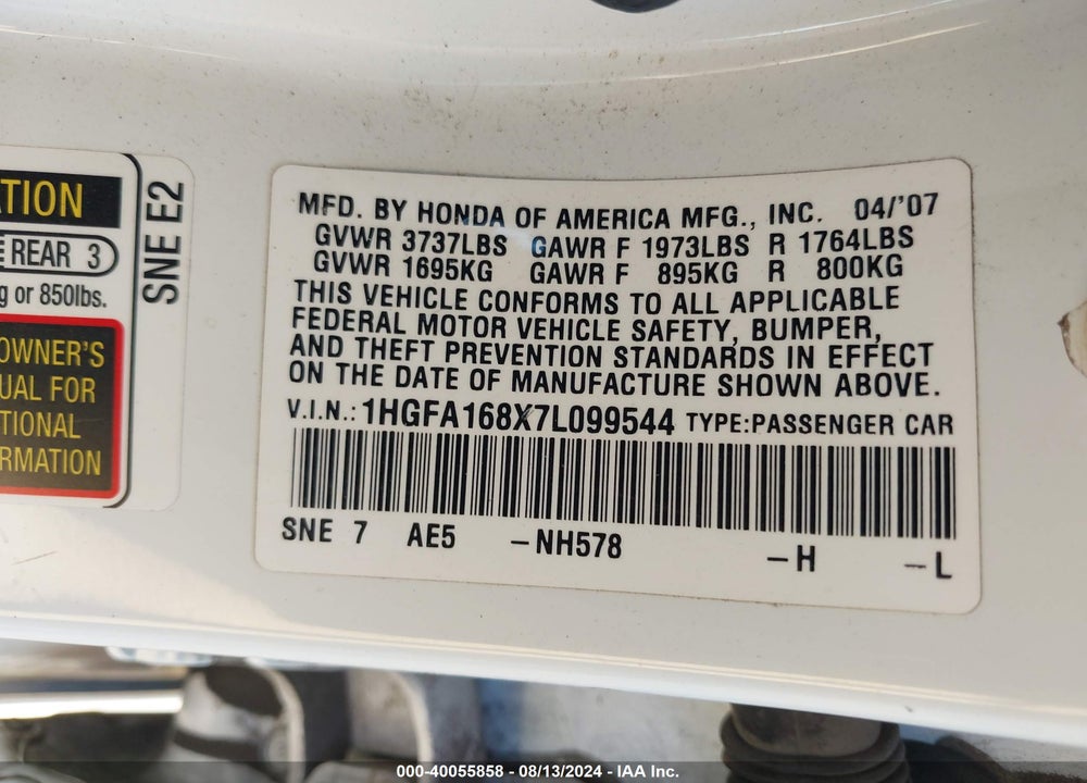 2007 HONDA CIVIC EX VIN: 1HGFA168X7L099544