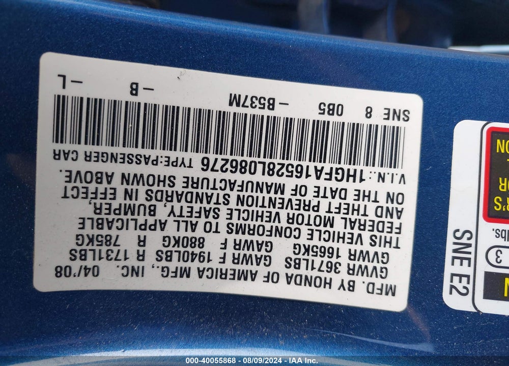 2008 HONDA CIVIC LX VIN: 1HGFA16528L086276