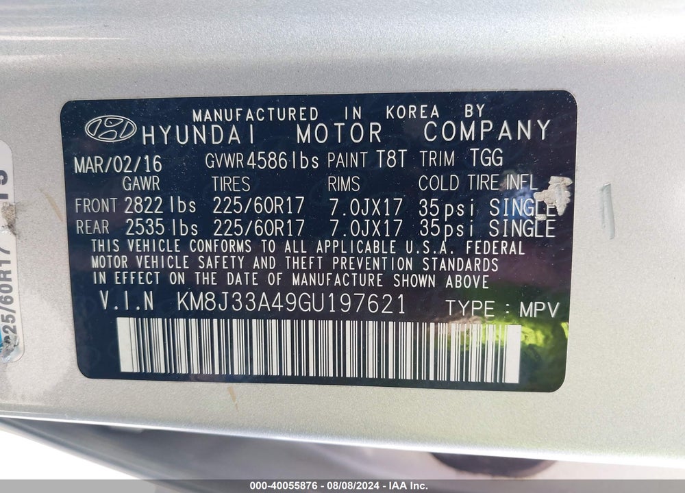 2016 HYUNDAI TUCSON SE VIN: KM8J33A49GU197621